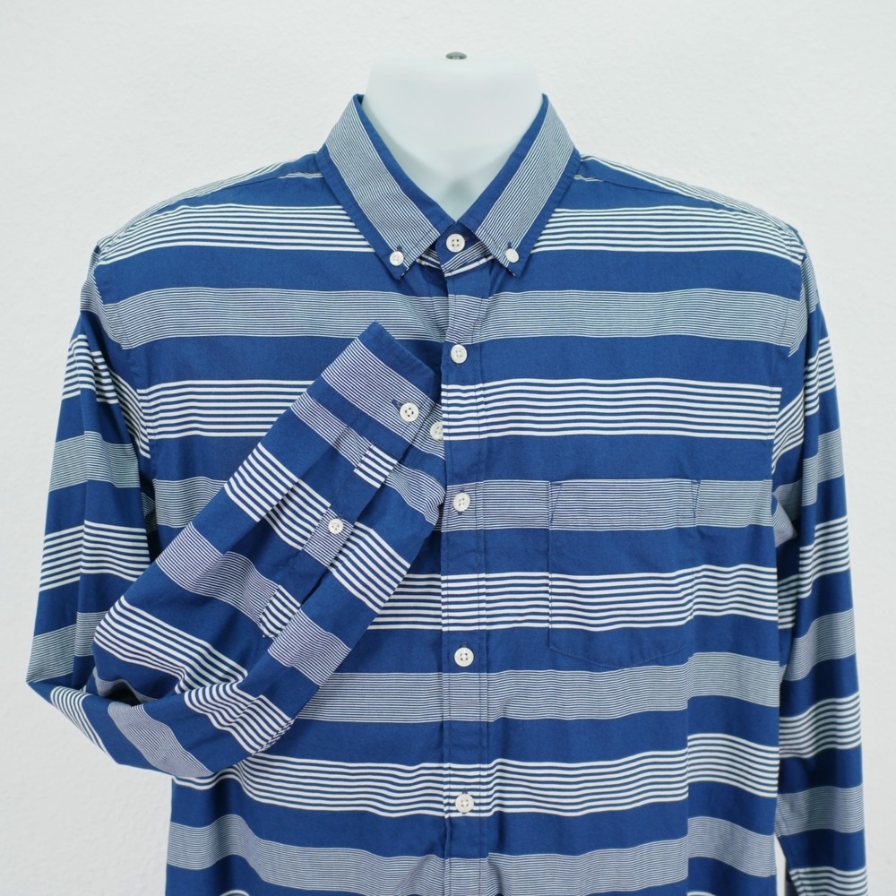 Express Men's Large Soft Wash Blue Striped Button Down Cotton Pocket Front